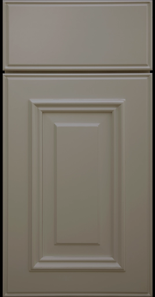 Custom Wind Matte color Anderson Raised Panel Kitchen Cabinet Door and matching Slab Drawer Front.